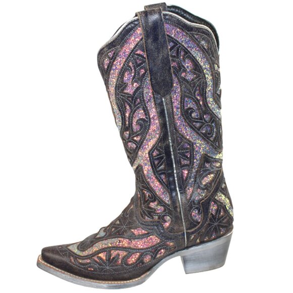 JB Dillon Reserve Black Distressed Midnight Sparkle Inlay Tall Boot Size 8.5 - Picture 4 of 12